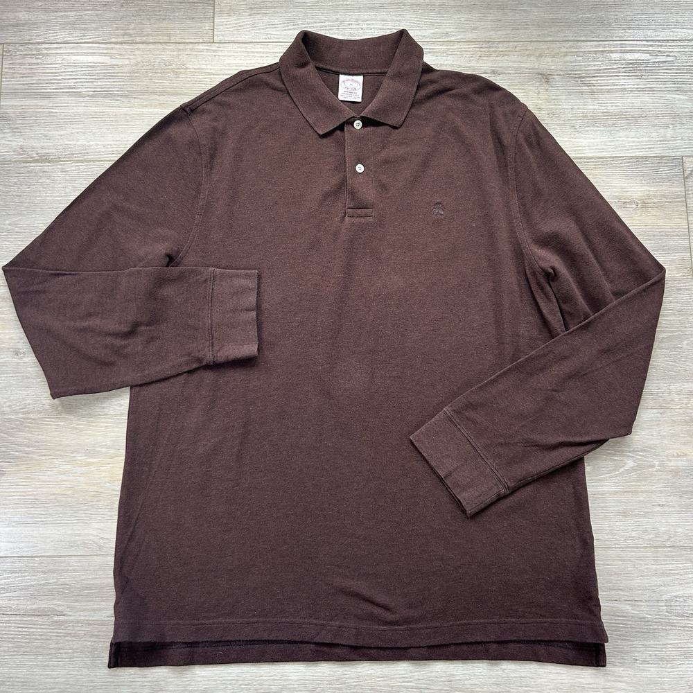 Brooks Brothers XL Performance Knit Polo Long Sleeve Cotton Chocolate Brown - Picture 2 of 9